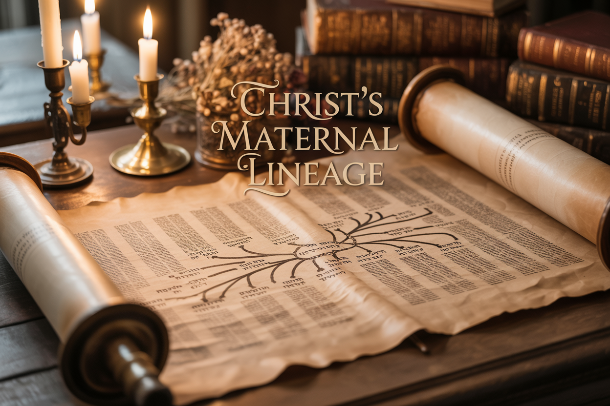 Create a realistic image of an ancient scroll partially unrolled on a wooden table displaying a genealogical tree with Hebrew text and connecting lines between names, surrounded by warm candlelight from brass oil lamps, with dried flowers and old leather-bound books in the background, featuring the text "Christ's Maternal Lineage" in elegant gold lettering overlaid on the image, set in a scholarly atmosphere with soft golden lighting creating gentle shadows across the parchment.