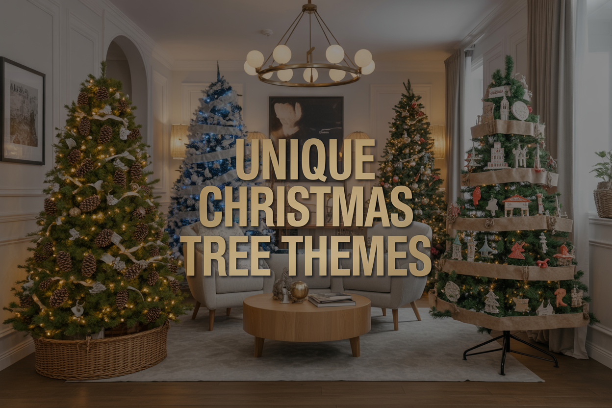 Create a realistic image of a beautifully decorated living room showcasing multiple unique Christmas trees with different themes including a nature-inspired tree with pinecones and woodland elements, a tree with non-traditional blue and silver color scheme, a travel-themed tree with miniature landmarks and cultural ornaments, and a vintage-style tree with retro decorations, all arranged in an elegant home setting with warm ambient lighting, cozy furniture in the background, and the text "UNIQUE CHRISTMAS TREE THEMES" displayed prominently in festive gold lettering overlay.