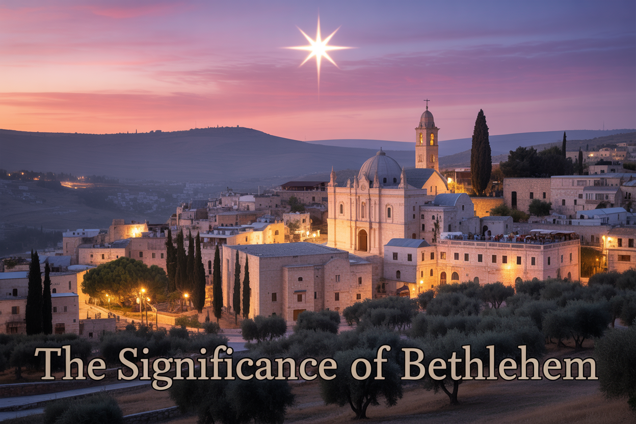 Create a realistic image of the ancient city of Bethlehem at dawn with golden sunlight illuminating limestone buildings and rolling hills, featuring the iconic Church of the Nativity with its bell tower in the background, olive trees and shepherd fields in the foreground, a bright star shining in the purple-pink morning sky above the city, and the text "THE SIGNIFICANCE OF BETHLEHEM" elegantly overlaid in serif font at the bottom of the image, conveying a peaceful, sacred, and historically significant atmosphere that represents the birthplace of Jesus Christ.