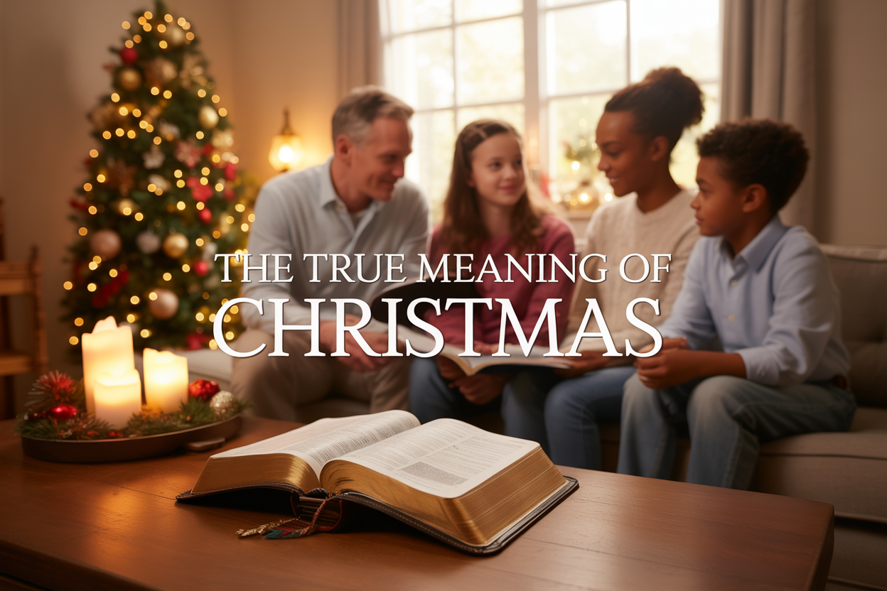Create a realistic image of a warm, softly lit living room scene with a beautifully decorated Christmas tree in the background, an open Bible placed on a wooden table in the foreground with soft candlelight illuminating its pages, a diverse family of four (white father, black mother, mixed-race teenage daughter, and young mixed-race son) sitting together on a couch reading and discussing, with gentle golden lighting streaming through a window, creating a peaceful and contemplative atmosphere, and overlay text reading "The True Meaning of Christmas" in elegant, readable font across the upper portion of the image.