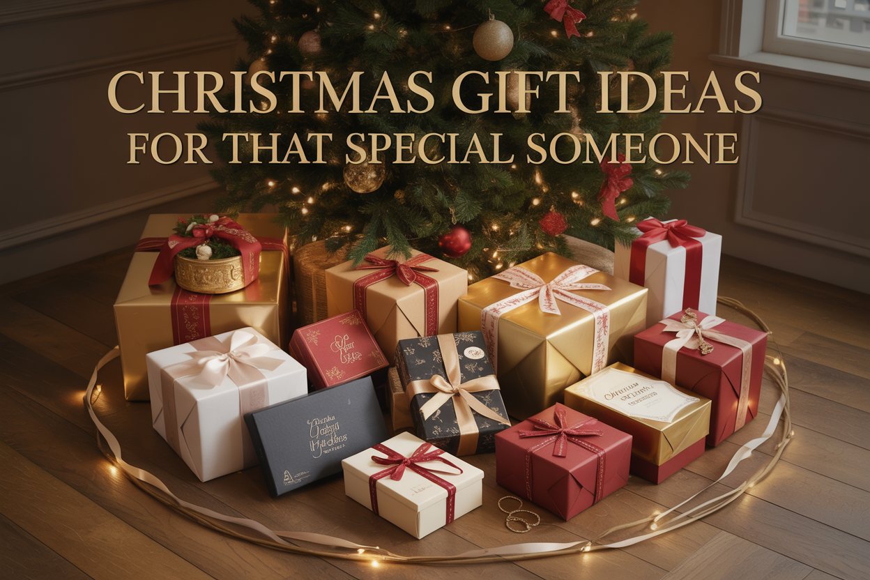 Create a realistic image of beautifully wrapped Christmas gifts in elegant boxes with ribbons and bows arranged under a decorated Christmas tree, featuring a mix of luxury items like jewelry boxes, experience vouchers, and personalized gift packages, with warm golden lighting creating a cozy holiday atmosphere, and the text "Christmas Gift Ideas for That Special Someone" overlaid in elegant gold lettering at the top of the image.