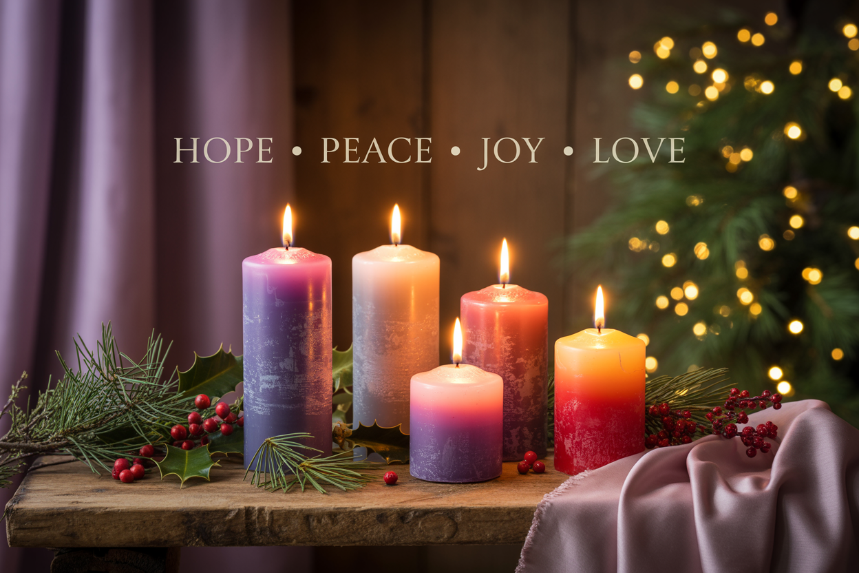 Create a realistic image of four elegant candles in varying heights arranged on a rustic wooden surface, each glowing with warm golden light representing the four Advent themes, surrounded by evergreen branches, holly berries, and soft purple and pink fabric draping, with gentle bokeh lighting in the background creating a peaceful, contemplative atmosphere, and the text "HOPE • PEACE • JOY • LOVE" elegantly displayed in gold lettering above the candles.