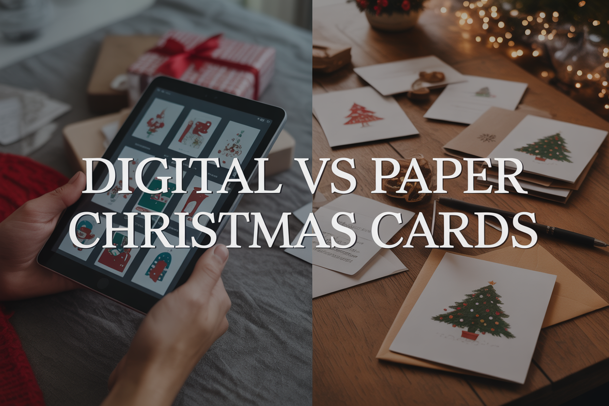 Create a realistic image of a split-screen comparison showing digital Christmas cards on a modern tablet or smartphone screen on the left side displaying colorful holiday designs, and traditional paper Christmas cards scattered on a wooden table on the right side with envelopes and a pen nearby, soft warm lighting creating a cozy holiday atmosphere, with the text "Digital vs Paper Christmas Cards" prominently displayed across the center of the image in elegant holiday-themed typography.