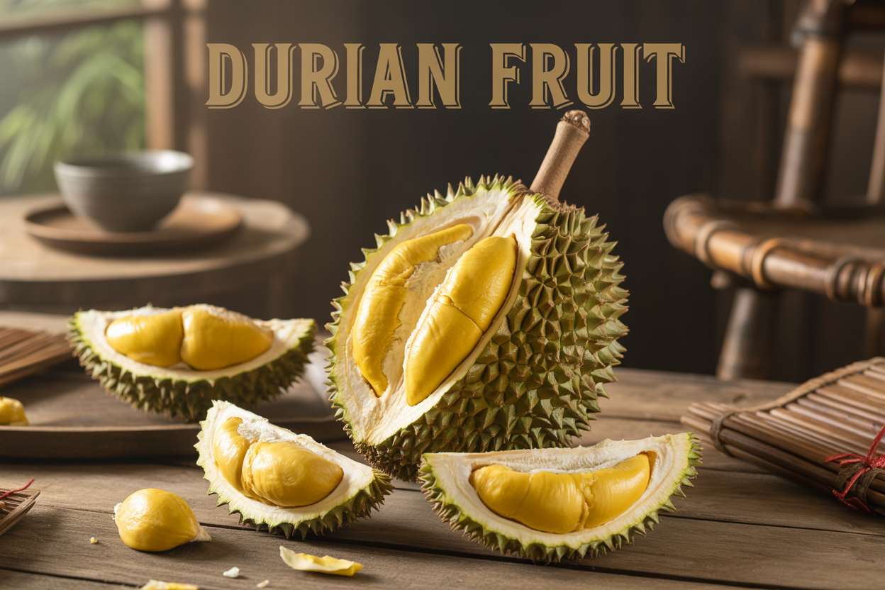Create a realistic image of a whole spiky durian fruit prominently displayed in the center with one section cut open revealing the creamy yellow flesh inside, surrounded by smaller durian segments on a rustic wooden table, with subtle Southeast Asian cultural elements like bamboo placemats in the background, warm natural lighting creating an inviting atmosphere, and the text "DURIAN FRUIT" elegantly overlaid in bold lettering at the top of the image.