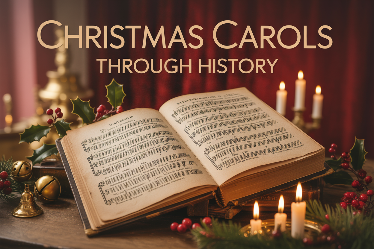 Create a realistic image of an ornate vintage music book opened to pages showing traditional Christmas carol sheet music with handwritten notes, surrounded by festive elements including holly leaves, red berries, golden bells, and warm candlelight, set against a rich burgundy background with soft, warm lighting that creates a nostalgic atmosphere, with elegant gold text overlay reading "Christmas Carols Through History" positioned at the top of the composition.