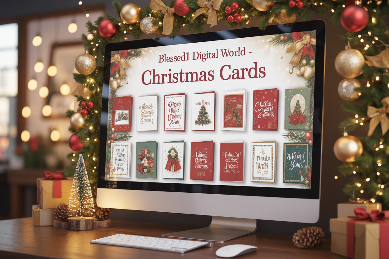 Create a realistic image of a modern digital storefront display featuring colorful Christmas greeting cards arranged in an elegant grid layout on a computer screen, with festive holiday elements like golden ornaments, pine branches, and twinkling fairy lights decorating the edges of the frame, set against a warm bokeh background with soft golden lighting, including the text "BLESSED1 DIGITAL WORLD - Christmas Cards" prominently displayed at the top in elegant red and gold lettering, with a computer mouse and keyboard partially visible at the bottom to emphasize the online shopping experience.