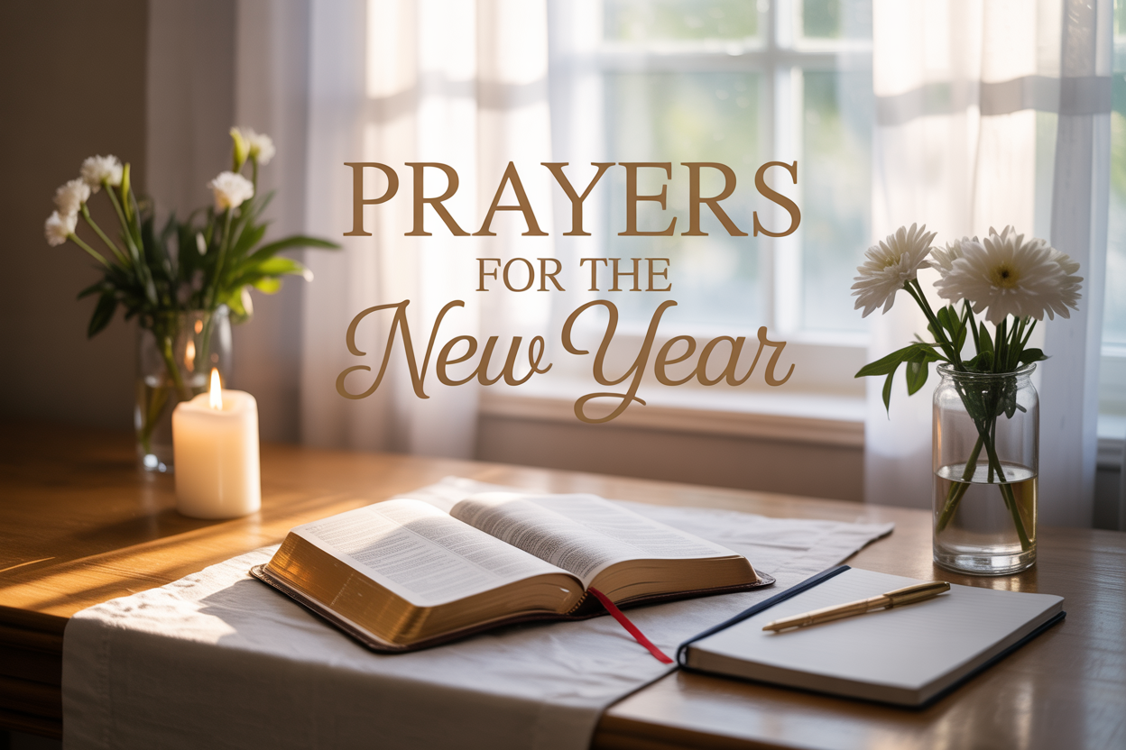 Create a realistic image of a serene indoor scene with soft golden morning light streaming through a window, featuring an open Bible or prayer book on a wooden table alongside a lit white candle, fresh white flowers in a simple vase, and a journal with a pen, with gentle shadows creating a peaceful atmosphere, and elegant text overlay reading "Prayers for the New Year" in warm gold lettering.