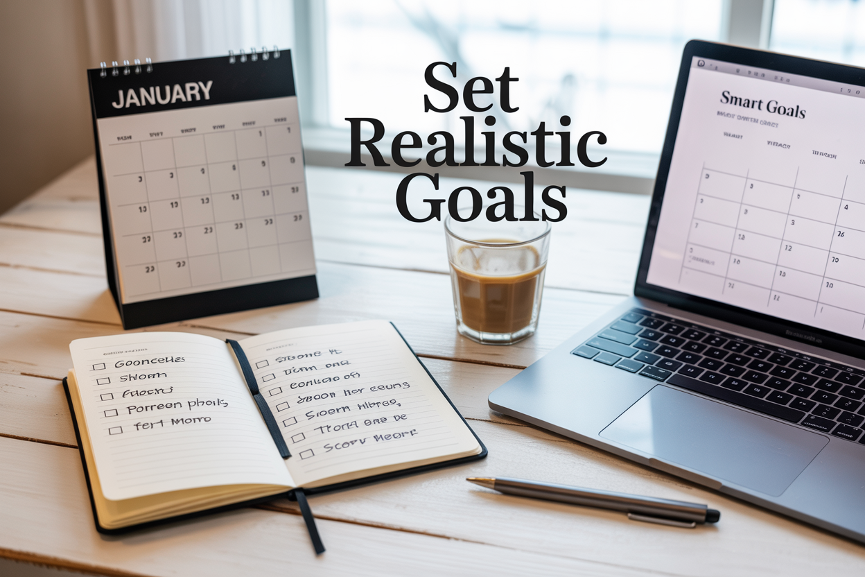 Create a realistic image of a clean, modern desk setup with an open notebook displaying a handwritten goal-setting list with checkboxes, a sleek calendar showing January, a laptop displaying a SMART goals template, a cup of coffee, and a pen, all arranged on a white wooden desk with soft natural lighting from a window, featuring the text "Set Realistic Goals" in elegant typography overlaid on the upper portion of the image, with a motivational and organized atmosphere conveying planning and achievement.