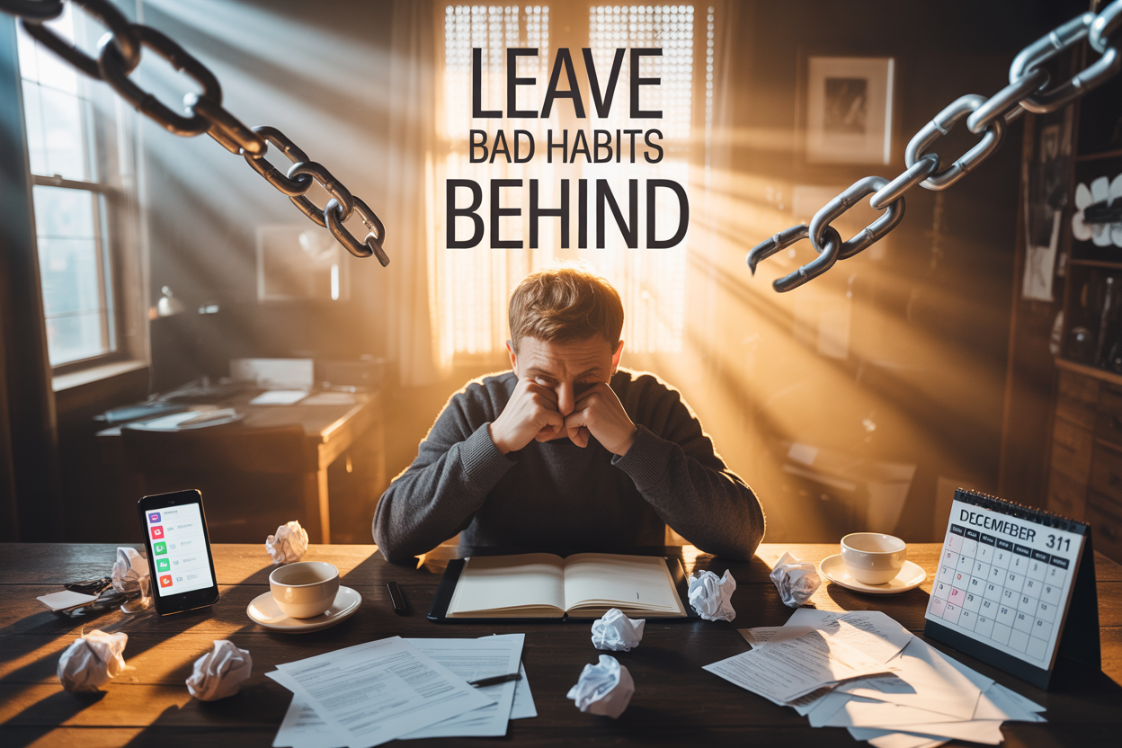 Create a realistic image of a person sitting at a desk in a dimly lit room, surrounded by visual representations of bad habits being left behind - a smartphone with social media notifications, crumpled papers, empty coffee cups, unpaid bills, and a calendar showing December 31st, with rays of warm golden light streaming through a window suggesting hope and new beginnings, while broken chain links float around the scene symbolizing freedom from negative patterns, with the text "Leave Bad Habits Behind" prominently displayed in elegant typography overlaying the upper portion of the image.