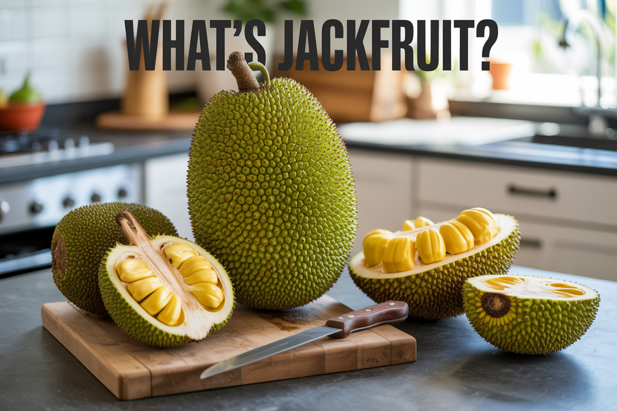 Create a realistic image of a large whole jackfruit with its distinctive spiky green exterior prominently displayed in the center, alongside cut open jackfruit sections revealing bright yellow fleshy pods inside, arranged on a rustic wooden cutting board with a sharp knife nearby, surrounded by individual jackfruit bulbs showcasing the fruit's unique texture and color, set against a clean kitchen countertop background with soft natural lighting from the side, including the text "What's Jackfruit?" overlaid in bold, modern typography at the top of the image.