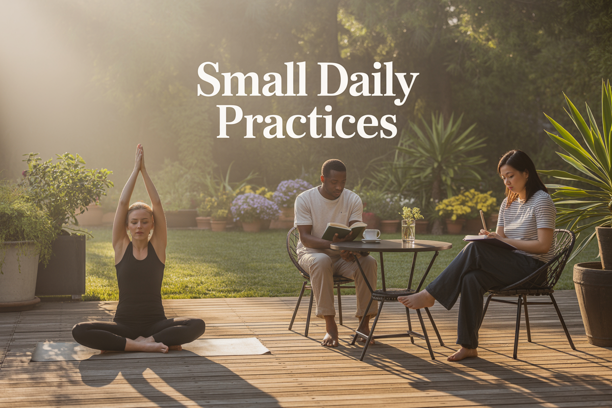 Create a realistic image of a serene morning scene featuring a diverse group of people engaged in small daily practices: a white female doing yoga stretches on a wooden deck, a black male reading a book while sipping coffee at a small outdoor table, and an Asian female writing in a journal, all set in a peaceful garden environment with soft golden morning sunlight filtering through trees, potted plants and flowers in the background, conveying a calm and purposeful atmosphere, with the text "Small Daily Practices" elegantly displayed in the upper portion of the image in clean, modern typography.