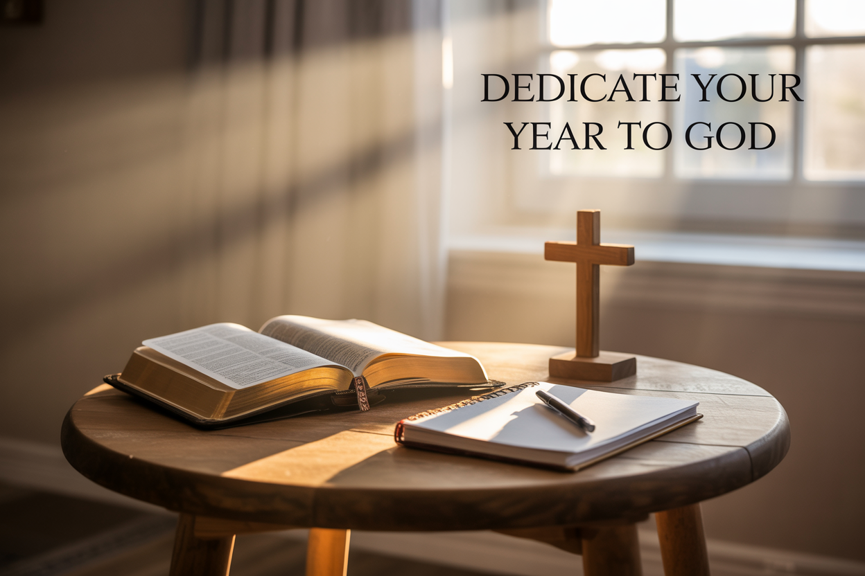 Create a realistic image of a serene indoor prayer space with soft morning sunlight streaming through a window, featuring an open Bible, a journal with a pen, and a small wooden cross arranged on a simple wooden table, with warm golden lighting creating a peaceful atmosphere of spiritual reflection and devotion, and include the text "Dedicate Your Year to God" elegantly overlaid in the upper portion of the image.