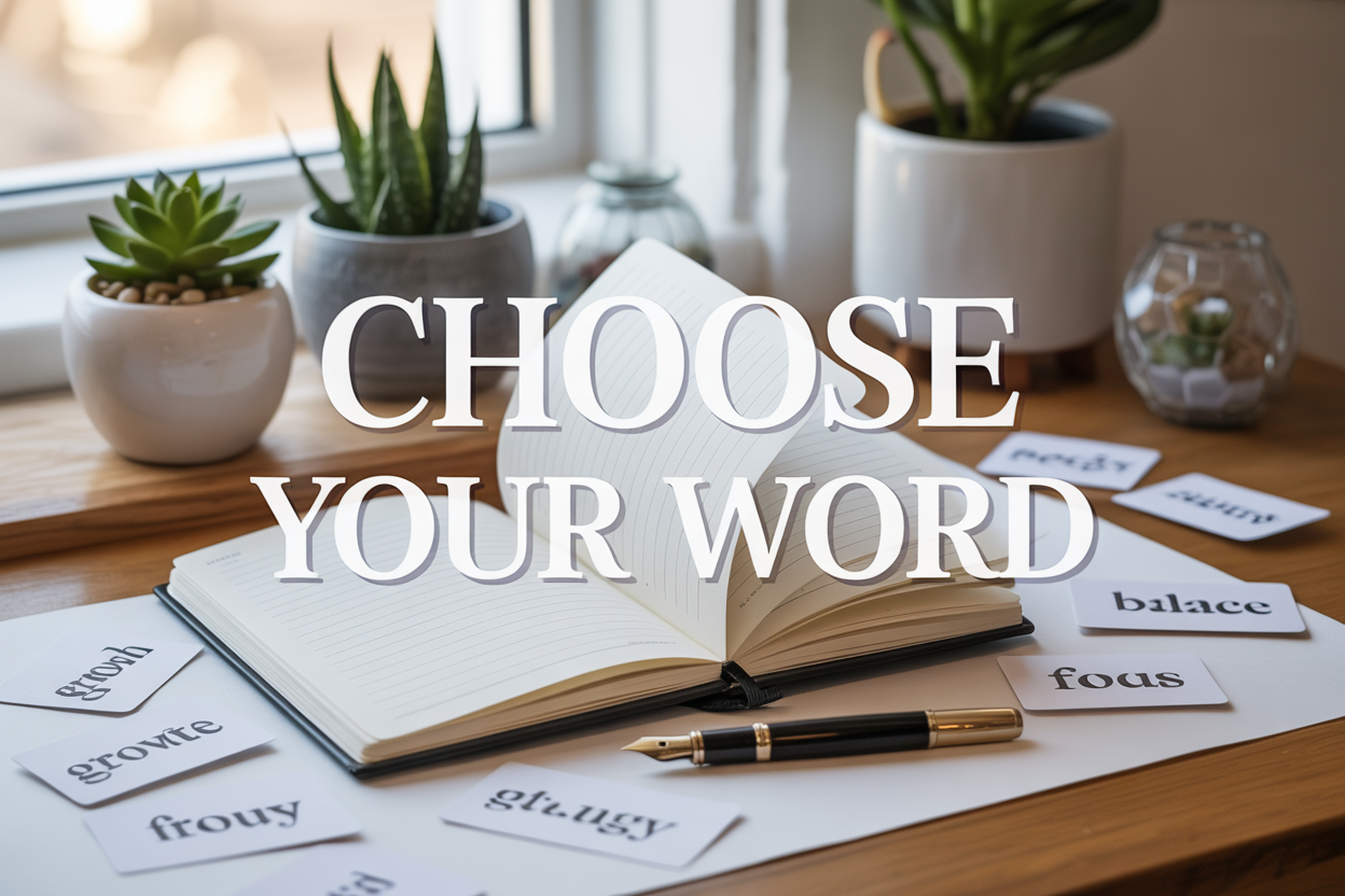 Create a realistic image of an elegant desk setup with a clean white journal or notebook open in the center, surrounded by a fountain pen, a small potted succulent, and scattered inspirational word cards showing words like "Growth," "Balance," and "Focus," with soft natural lighting from a window creating gentle shadows, and the text "Choose Your Word" elegantly overlaid in modern typography, conveying a peaceful and intentional mood for goal-setting and reflection.
