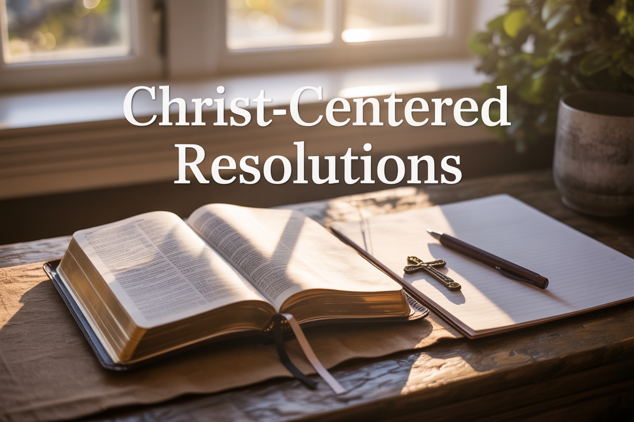 Create a realistic image of an open Bible with handwritten journal pages beside it on a wooden desk, featuring a cross bookmark, a pen, and soft morning sunlight streaming through a window in the background, with warm golden lighting creating a peaceful and contemplative atmosphere, and include the text "Christ-Centered Resolutions" elegantly overlaid on the image.