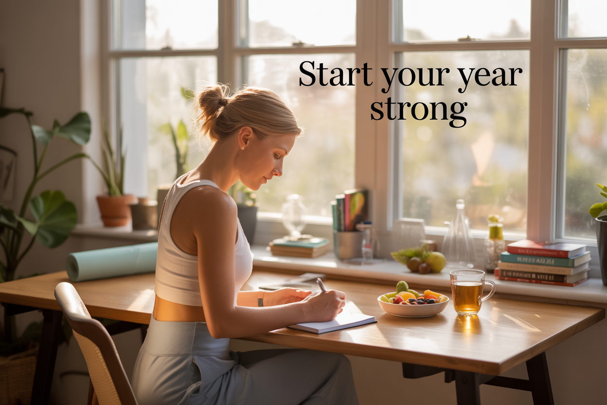 Create a realistic image of a serene morning scene featuring a white female in her 30s sitting at a well-organized wooden desk near a large window with soft natural sunlight streaming in, she is writing in a journal while a healthy breakfast bowl with fruits and a cup of herbal tea sits nearby, the background shows a tidy room with plants, yoga mat rolled in corner, and motivational books stacked neatly, the overall mood is calm and energizing with warm golden lighting, include the text "Start Your Year Strong" elegantly overlaid in the upper portion of the image.