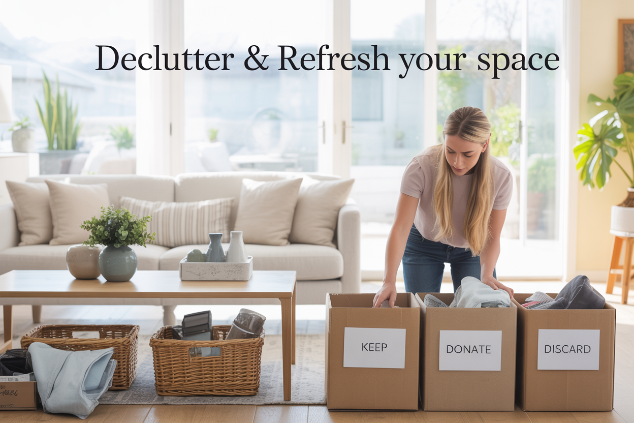 Create a realistic image of a bright, airy living room with a white female in her 30s organizing items into labeled boxes marked "Keep," "Donate," and "Discard," featuring a clean coffee table with neatly arranged decorative items on one side and cluttered items being sorted on the other side, warm natural lighting streaming through large windows, plants in the background, and the text "Declutter & Refresh Your Space" overlaid in elegant sans-serif font at the top of the image.