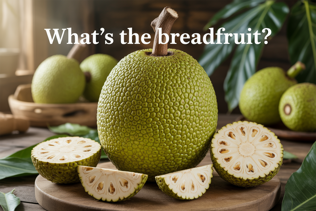 Create a realistic image of a large, round green breadfruit with its characteristic bumpy textured skin as the main subject, positioned prominently in the center, surrounded by several sliced breadfruit pieces showing the creamy white flesh inside, arranged on a rustic wooden cutting board, with tropical green leaves and a few whole breadfruits in the background, warm natural lighting creating soft shadows, and the text "What's the Breadfruit?" overlaid in elegant white font in the upper portion of the image.