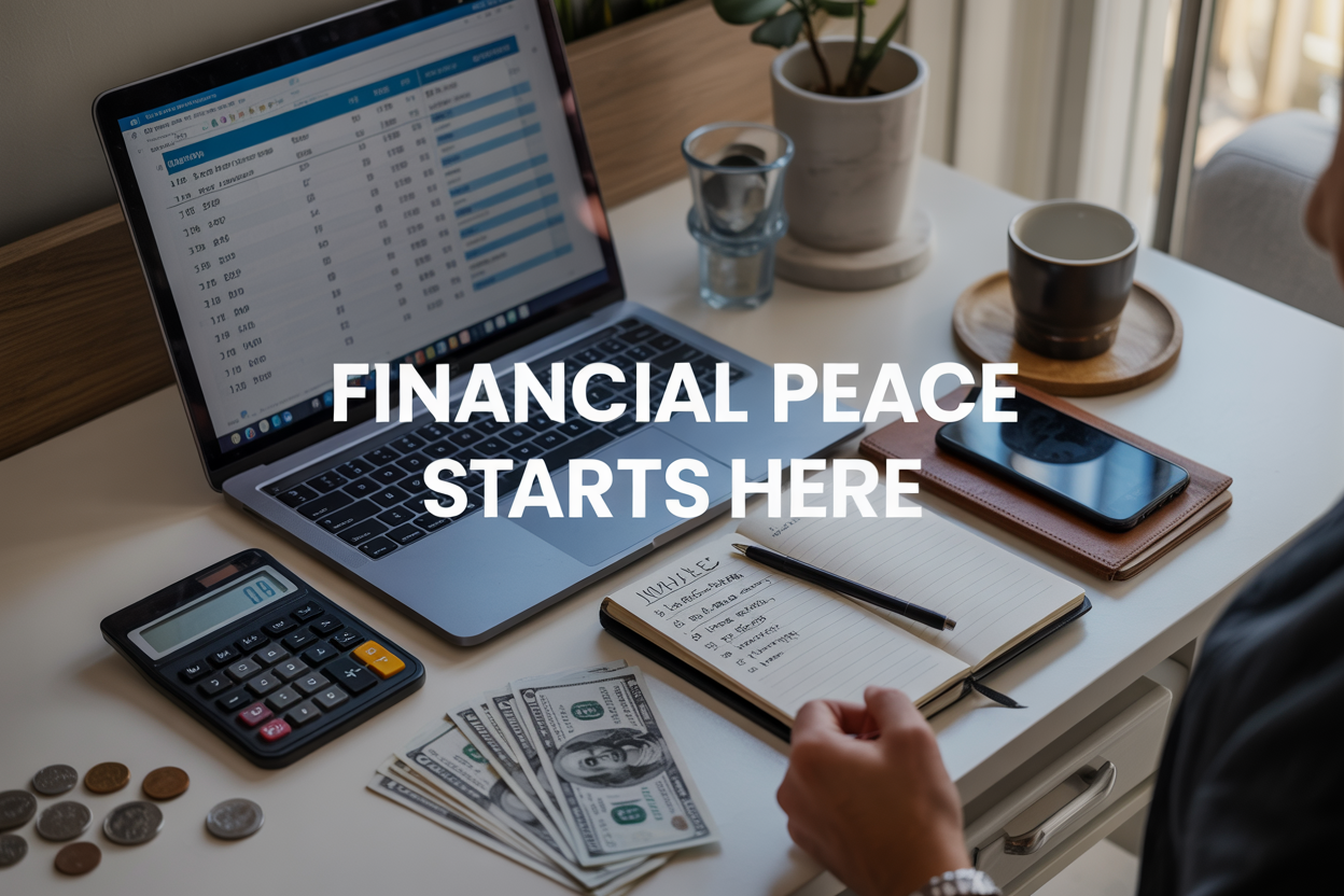 Create a realistic image of a clean, organized desk setup from above featuring a laptop displaying a budgeting spreadsheet, calculator, notepad with handwritten financial goals, a few dollar bills, coins, a coffee cup, and a smartphone, all arranged on a light wooden surface with soft natural lighting from the side, creating a calm and productive atmosphere, with the text "Financial Peace Starts Here" elegantly overlaid in modern sans-serif font in the upper portion of the image.