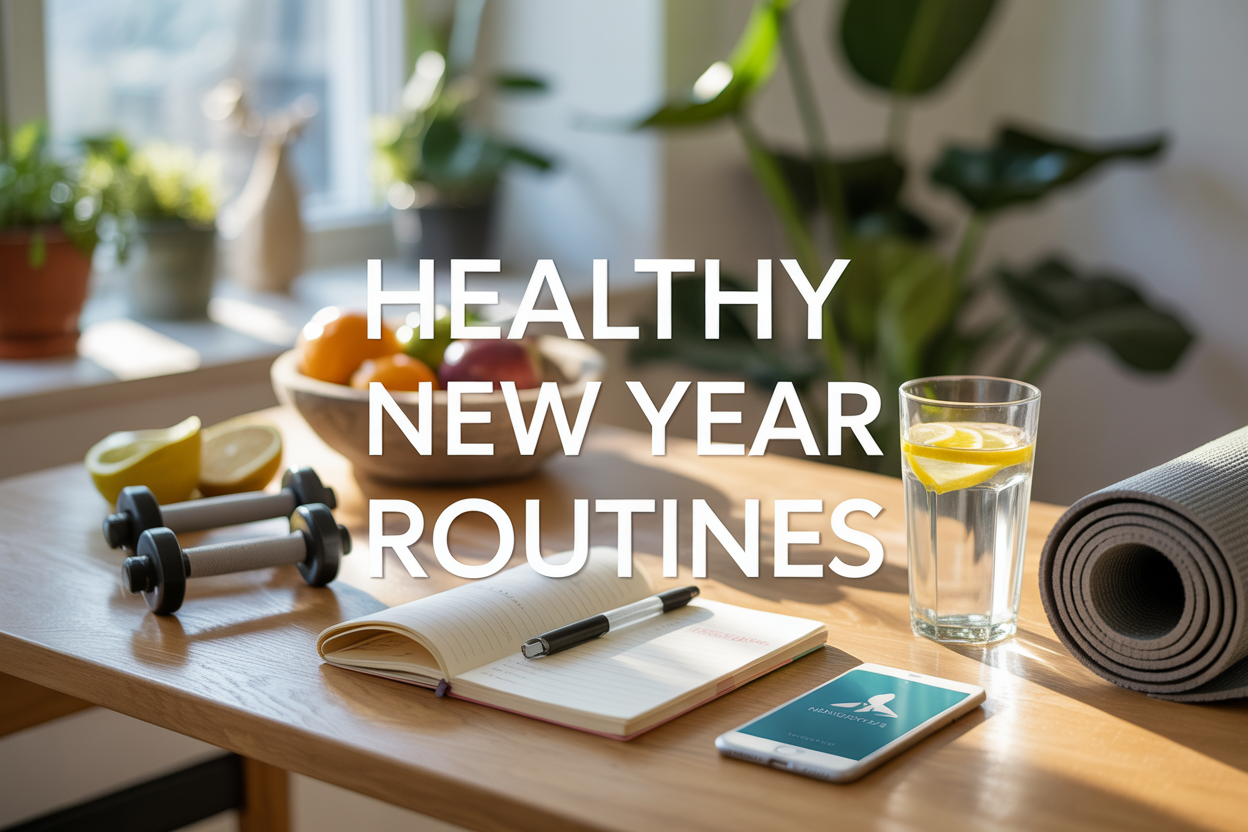 Create a realistic image of a bright, modern wellness scene featuring a clean wooden desk with healthy lifestyle elements arranged artfully: a glass of water with lemon, fresh fruits in a bowl, a yoga mat partially rolled out, a journal with a pen, dumbbells, and a smartphone displaying a meditation app, with soft natural lighting streaming through a window, plants in the background, and the text "Healthy New Year Routines" elegantly overlaid in modern sans-serif font.