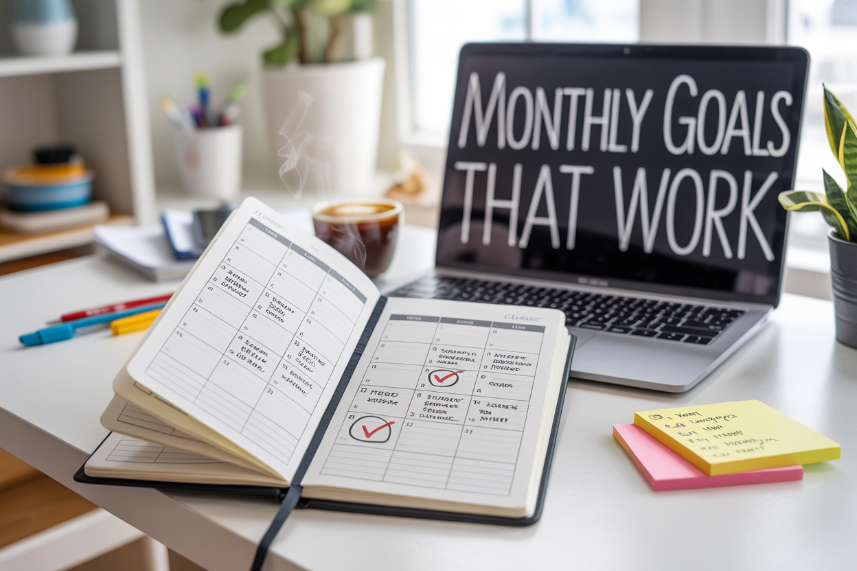 Create a realistic image of a clean, modern desk workspace with an open planner or journal displaying a monthly calendar grid with handwritten goals and checkmarks, a sleek laptop partially open in the background, a steaming coffee cup, a few colorful pens scattered nearby, and sticky notes with progress tracking elements, set against a bright, organized home office background with soft natural lighting from a window, featuring the text "Monthly Goals That Work" in elegant, readable typography overlaid on the upper portion of the image.