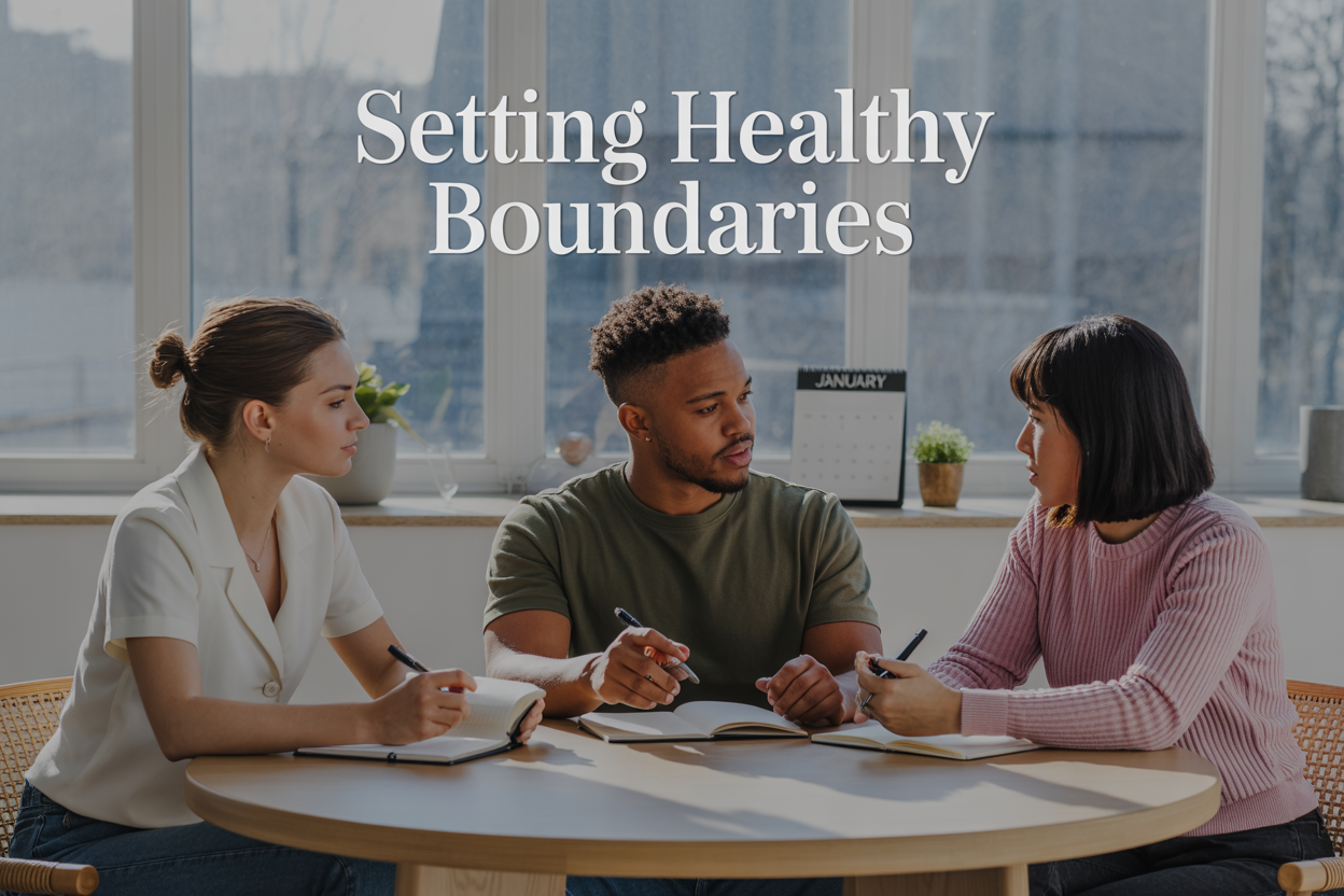 Create a realistic image of a diverse group of three people - a white female, a black male, and an Asian female - sitting around a modern wooden table in a bright, minimalist room with large windows showing a sunny New Year's day, each person holding a notebook and pen while appearing to be in thoughtful discussion, with soft natural lighting creating a calm and empowering atmosphere, and the text "Setting Healthy Boundaries" elegantly displayed in clean, modern typography overlaying the top portion of the image, with subtle decorative elements like a small potted plant and a calendar showing January in the background.