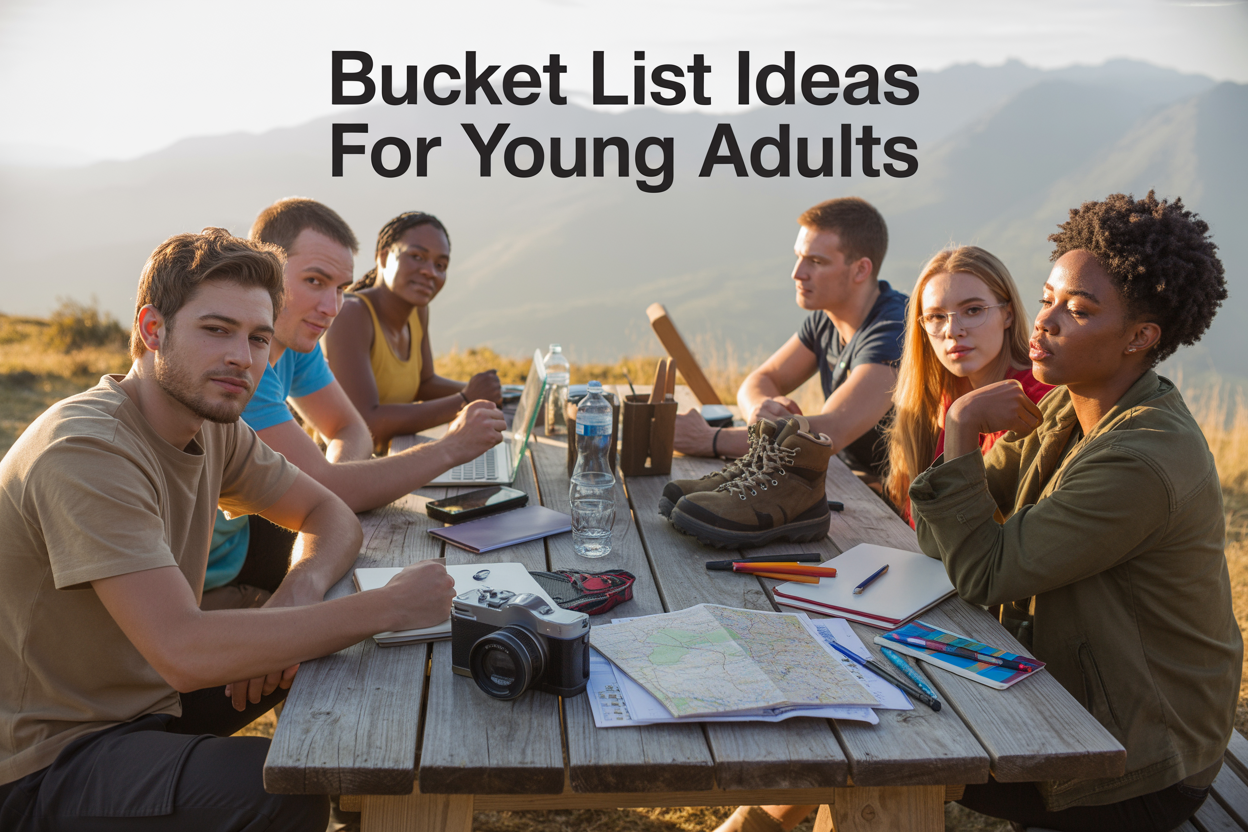 Create a realistic image of a diverse group of young adults (including white, black, and Asian males and females aged 20-25) sitting around a rustic wooden table outdoors during golden hour, with travel maps, notebooks, camera, hiking boots, art supplies, and a laptop spread across the surface, mountain landscape visible in the soft-focus background, warm natural lighting creating an inspiring and adventurous atmosphere, with the text "Bucket List Ideas for Young Adults" elegantly overlaid in modern sans-serif font at the top of the image.