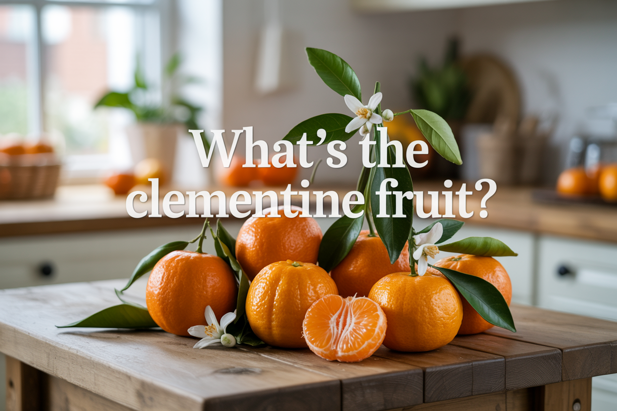 Create a realistic image of fresh, vibrant orange clementines arranged on a rustic wooden table, with some clementines whole and others peeled to show their juicy segments, alongside green citrus leaves and small white blossoms, with soft natural lighting from a window creating gentle shadows, and the text "What's the Clementine Fruit?" elegantly overlaid in modern typography, set against a clean kitchen background with subtle bokeh effect.