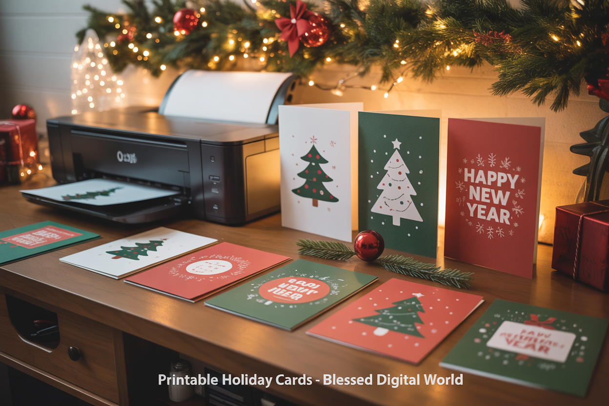 Create a realistic image of a cozy holiday scene featuring an elegant arrangement of colorful printable Christmas and New Year cards displayed on a wooden desk, including designs with Christmas trees, snowflakes, and "Happy New Year" text, alongside a modern printer, laptop computer, and festive decorations like pine branches and fairy lights in the background, with warm golden lighting creating a welcoming atmosphere, and overlay text reading "Printable Holiday Cards - Blessed1 Digital World".