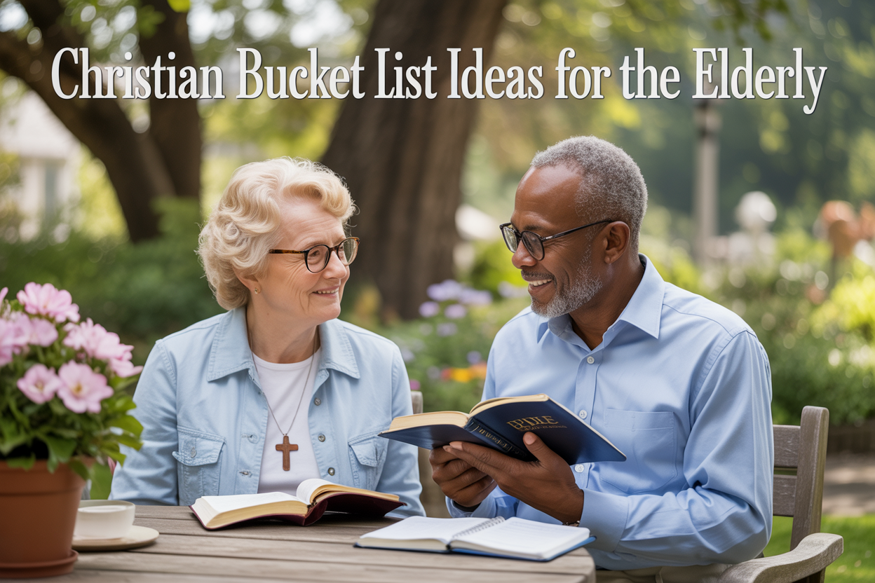 Create a realistic image of an elderly white female and elderly black male sitting together at a wooden table outdoors in a peaceful garden setting, both holding open Bibles and notebooks, with a cross necklace visible on the woman and reading glasses on both individuals, surrounded by blooming flowers and soft natural lighting filtering through trees in the background, with the text "Christian Bucket List Ideas for the Elderly" overlaid in elegant serif font at the top of the image, conveying a warm and contemplative spiritual atmosphere.