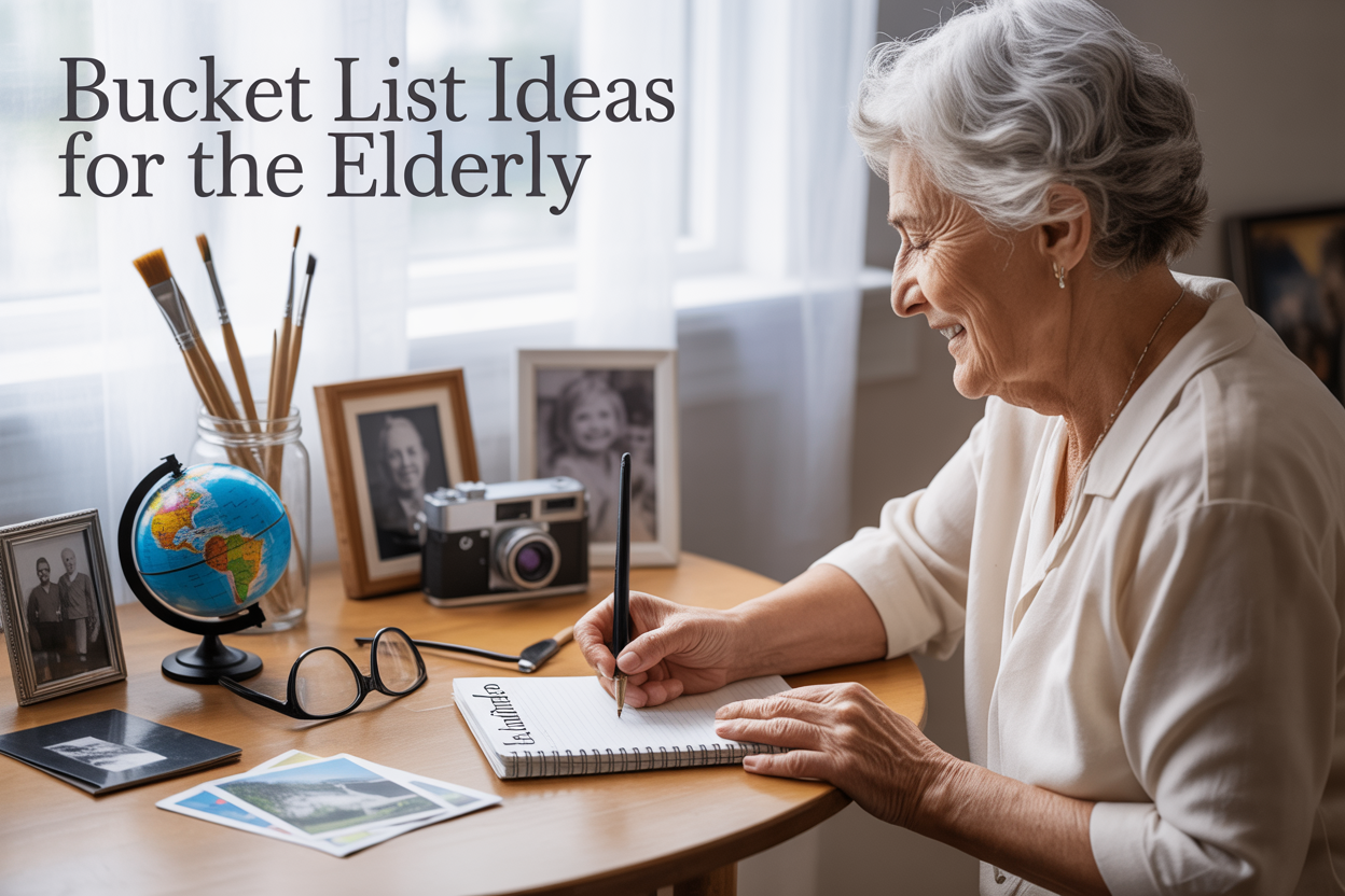 Create a realistic image of an elderly white female with gray hair sitting at a wooden table writing in a notebook with "BUCKET LIST" visible on the page, surrounded by symbolic items including a small globe, paintbrushes in a jar, reading glasses, a vintage camera, and family photos, with soft natural lighting from a nearby window creating a warm and inspiring atmosphere, and the text "Bucket List Ideas for the Elderly" elegantly displayed in the upper portion of the image.