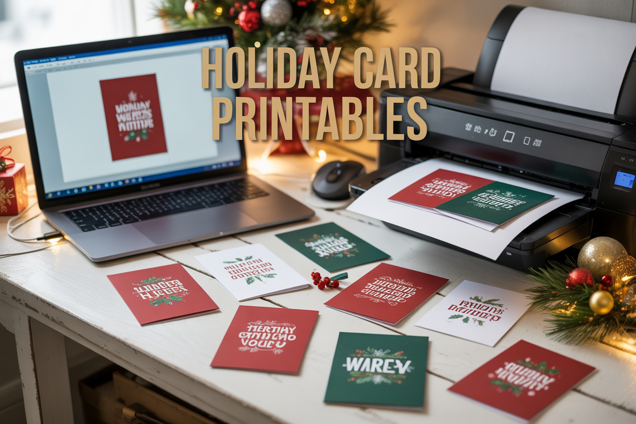 Create a realistic image of a festive holiday workspace featuring beautifully designed Christmas and New Year greeting cards spread across a white wooden desk, with some cards showing elegant typography and winter motifs like snowflakes and holly, a laptop computer displaying a digital card design, colorful printed cards partially emerging from a home printer, festive decorations including pine branches and gold ornaments scattered around the scene, warm cozy lighting creating a creative atmosphere, and the text "Holiday Card Printables" elegantly overlaid on the image in gold lettering.