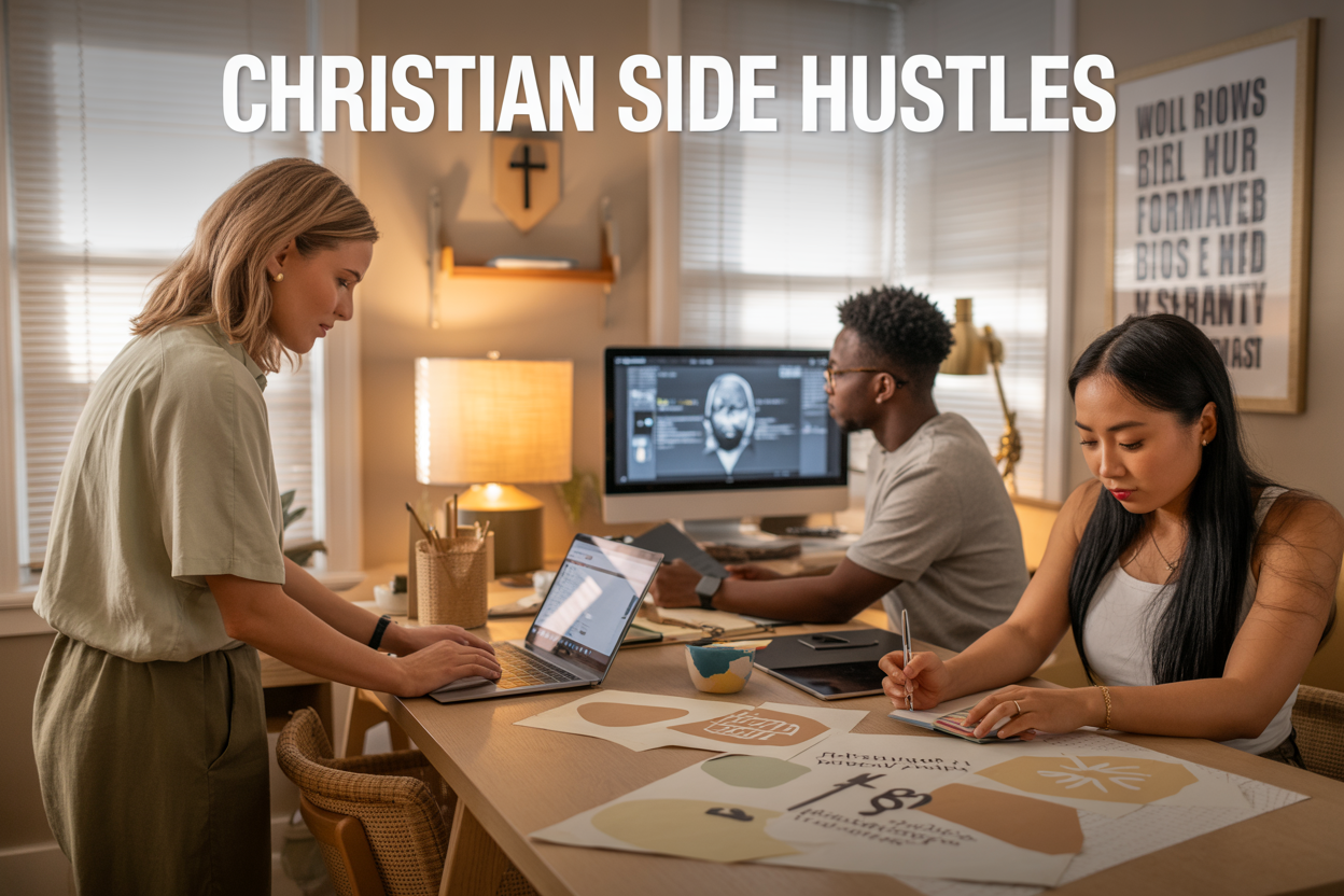 Create a realistic image of a diverse group of people working on Christian side hustles in a modern, well-lit home office space, featuring a white female teaching online on a laptop, a black male creating digital content with a cross visible on his desk, and an Asian female working on craft projects with faith-based designs, with warm natural lighting streaming through windows, inspiring and purposeful atmosphere, with the text "Christian Side Hustles" prominently displayed at the top of the image, and subtle Christian symbols like a small wooden cross and inspirational bible verse on a wall poster in the background.