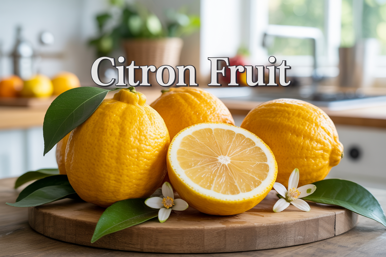 Create a realistic image of fresh whole citron fruits with their characteristic thick, bumpy yellow skin displayed on a rustic wooden cutting board, with one citron cut in half showing the thick white pith and small amount of flesh inside, surrounded by citron leaves and small citrus blossoms, set against a bright kitchen background with natural daylight, featuring the text "CITRON FRUIT" in elegant serif font overlaid on the upper portion of the image.
