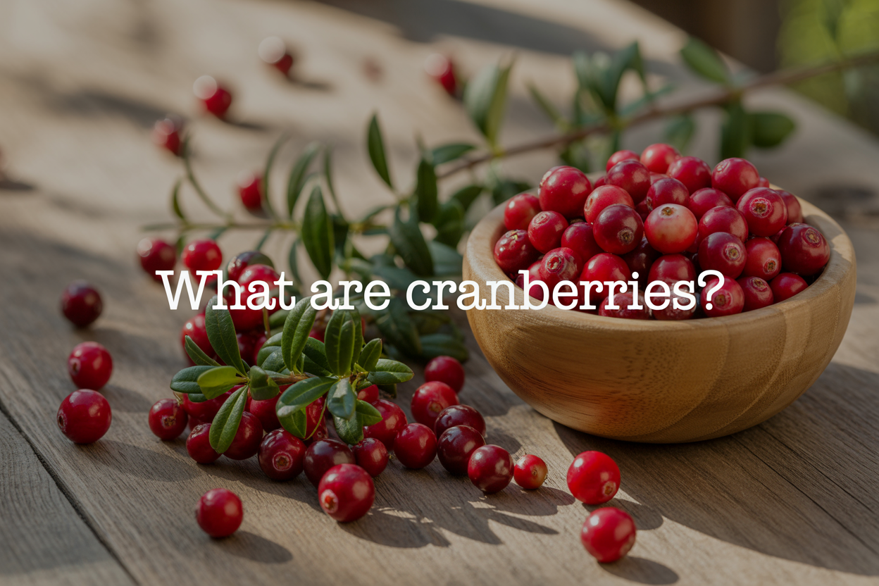 Create a realistic image of fresh red cranberries scattered on a rustic wooden surface with some cranberries still attached to green stems and leaves, alongside a small wooden bowl filled with cranberries, soft natural lighting from above creating gentle shadows, with the text "What are Cranberries?" elegantly overlaid in clean white font in the upper portion of the image, warm and inviting food photography style with a blurred natural background.