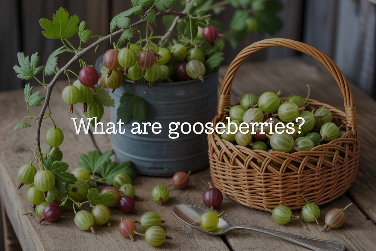 Create a realistic image of fresh gooseberries in various stages of ripeness, including green and reddish-purple varieties, some still on their thorny branches with leaves, arranged on a rustic wooden surface alongside a small wicker basket filled with harvested gooseberries, with soft natural lighting creating gentle shadows, and the text "What are Gooseberries?" elegantly overlaid in a clean, readable font, surrounded by subtle hints of culinary elements like a vintage spoon and scattered berries to suggest their edible nature.