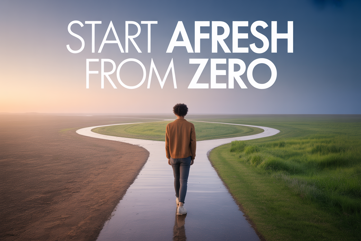 Create a realistic image of a young adult person of mixed race standing at the edge of a winding path that leads toward a bright horizon, with one foot stepping forward onto the path, surrounded by a landscape that transitions from barren ground behind them to lush greenery ahead, with soft morning light creating a hopeful atmosphere, and the text "Start Afresh from Zero" elegantly overlaid in the upper portion of the image.