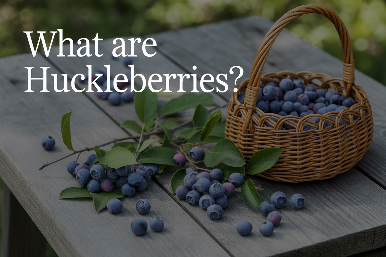 Create a realistic image of fresh huckleberries scattered on a rustic wooden table with some berries still attached to green leafy branches, a small wicker basket filled with dark purple-blue huckleberries in the background, soft natural lighting creating gentle shadows, and the text "What are Huckleberries?" prominently displayed in elegant serif font across the top portion of the image.