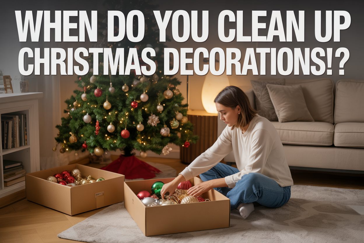 Create a realistic image of a cozy living room scene showing the aftermath of Christmas with a white female in casual clothing carefully packing ornaments into storage boxes, with a partially decorated Christmas tree in the background having some ornaments removed and stored boxes nearby, warm indoor lighting creating a peaceful post-holiday atmosphere, and the text "When Do You Clean Up Christmas Decorations?" prominently displayed across the top of the image.