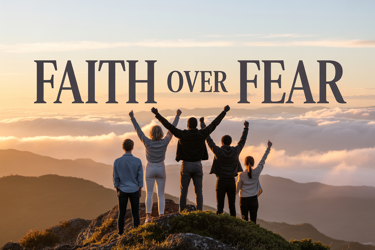 Create a realistic image of a diverse group of people including a white woman, black man, and Asian woman standing together on a mountaintop at sunrise, looking confidently toward the horizon with arms raised in a gesture of hope and triumph, surrounded by golden morning light breaking through clouds, with a serene landscape of rolling hills in the background, and the text "Faith Over Fear" prominently displayed in elegant, inspiring typography across the sky.