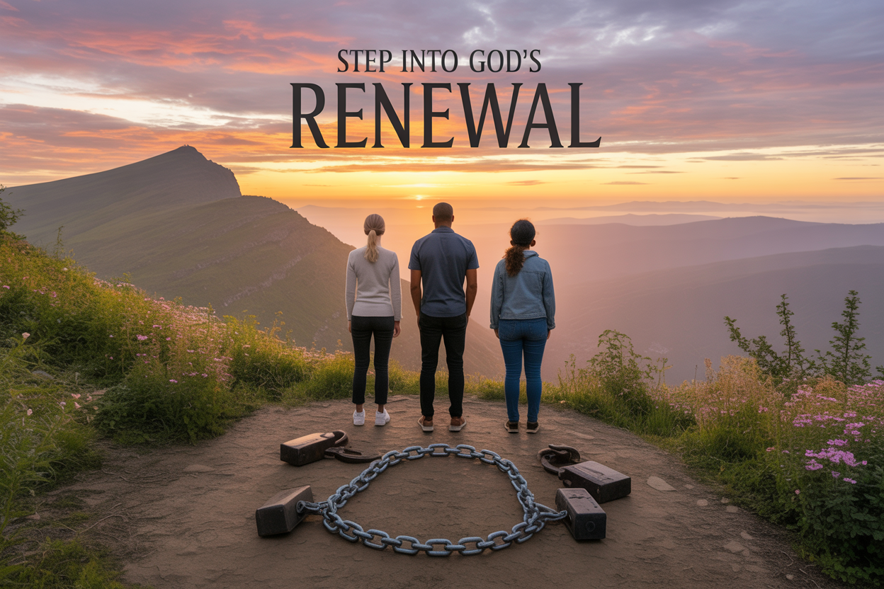 Create a realistic image of a diverse group of three people - one white female, one black male, and one Hispanic female - standing on a mountain path at sunrise, looking ahead toward a bright golden horizon, with heavy dark chains and burdens scattered behind them on the ground, surrounded by blooming wildflowers and new green growth, bathed in warm morning light that creates a hopeful and peaceful atmosphere, with the text "Step Into God's Renewal" elegantly displayed in the sky above the horizon.