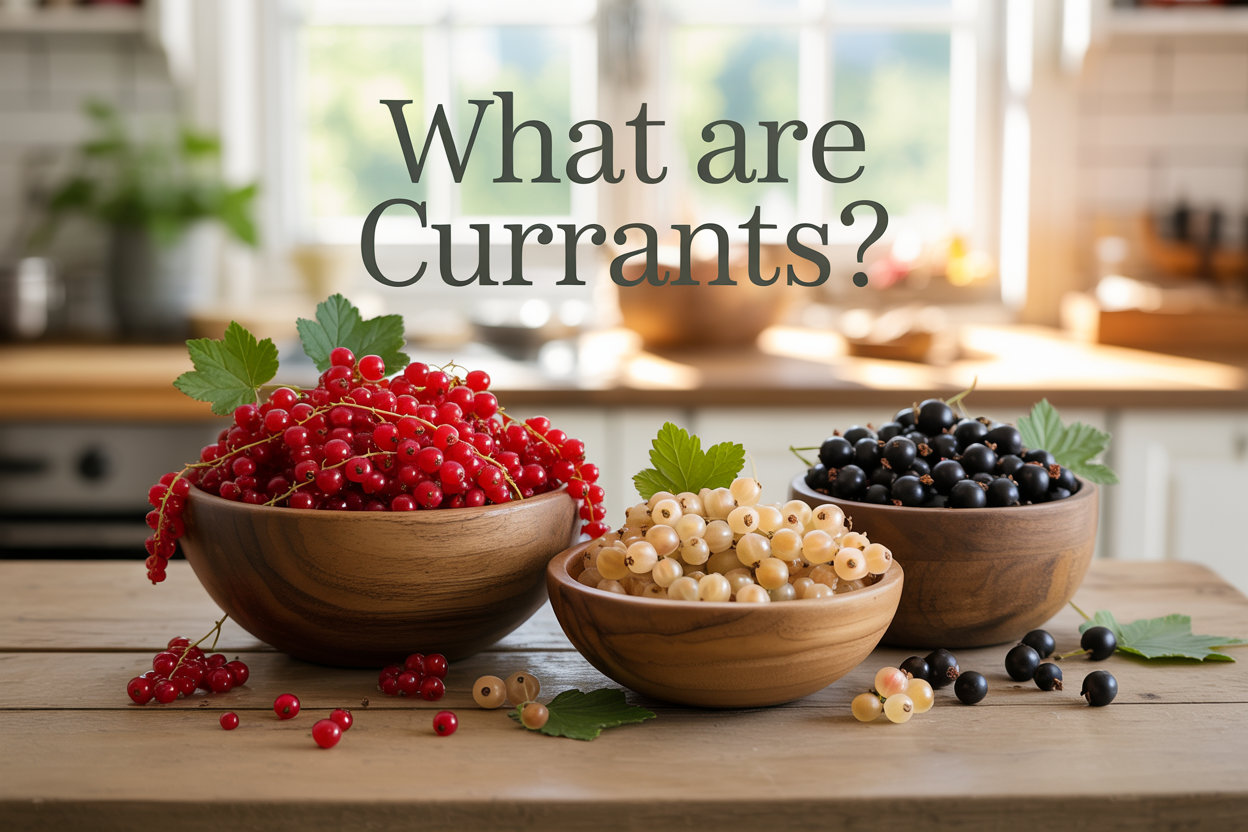 Create a realistic image of fresh red, black, and white currants displayed in separate rustic wooden bowls on a natural wooden table, with scattered loose currants around the bowls, soft natural lighting from a window creating gentle shadows, green currant leaves as decorative elements, and the text "What are Currants?" elegantly overlaid in dark green serif font in the upper portion of the image, with a clean kitchen background softly blurred to emphasize the vibrant colors and textures of the different currant varieties.