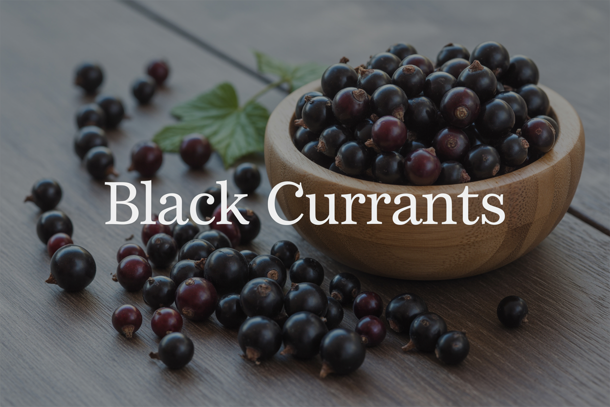 Create a realistic image of fresh black currants on dark wooden surface with scattered berries showing their deep purple-black color and glossy texture, alongside a small wooden bowl filled with black currants, soft natural lighting highlighting the berries' rich color and healthy appearance, clean minimalist background with subtle green leaves as accent, text overlay reading "BLACK CURRANTS" in elegant white serif font positioned in upper portion of image.
