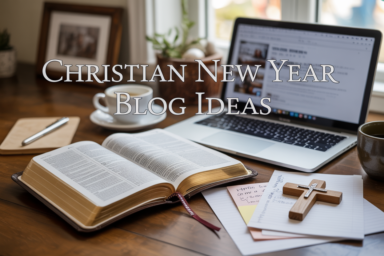Create a realistic image of an open Bible with soft golden pages alongside a modern laptop displaying a blog interface, surrounded by a cup of coffee, a wooden cross, and scattered handwritten notes, with warm natural lighting streaming through a window in the background, featuring the text "Christian New Year Blog Ideas" elegantly overlaid in serif font, creating an inspiring and peaceful workspace atmosphere that conveys faith-based content creation and spiritual reflection.