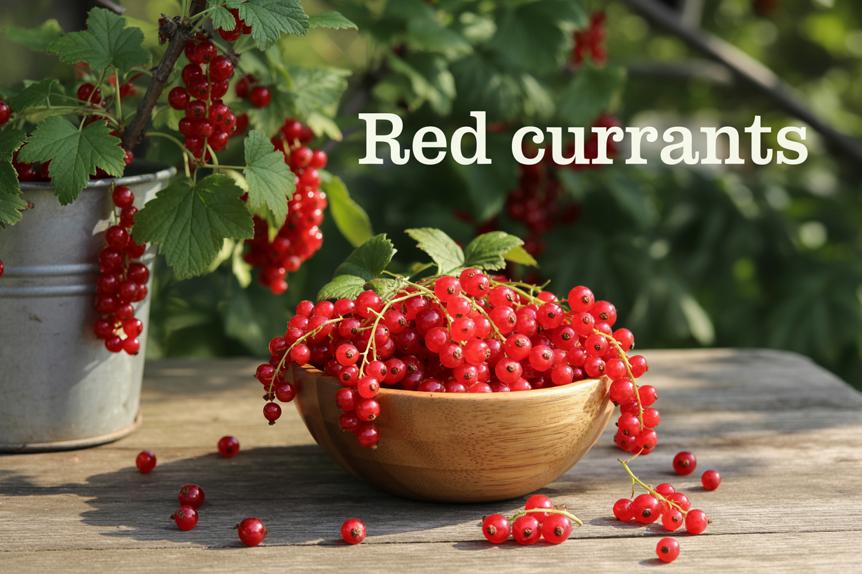 Create a realistic image of fresh red currants in various stages, featuring a wooden bowl filled with bright red currant clusters on stems in the foreground, scattered individual berries around the bowl, red currant plant branches with green leaves and berry clusters in the background, set on a rustic wooden table with natural daylight creating soft shadows, and the text "Red Currants" elegantly displayed in the upper portion of the image, with a clean and educational mood that emphasizes the natural beauty and characteristics of these small tart berries.