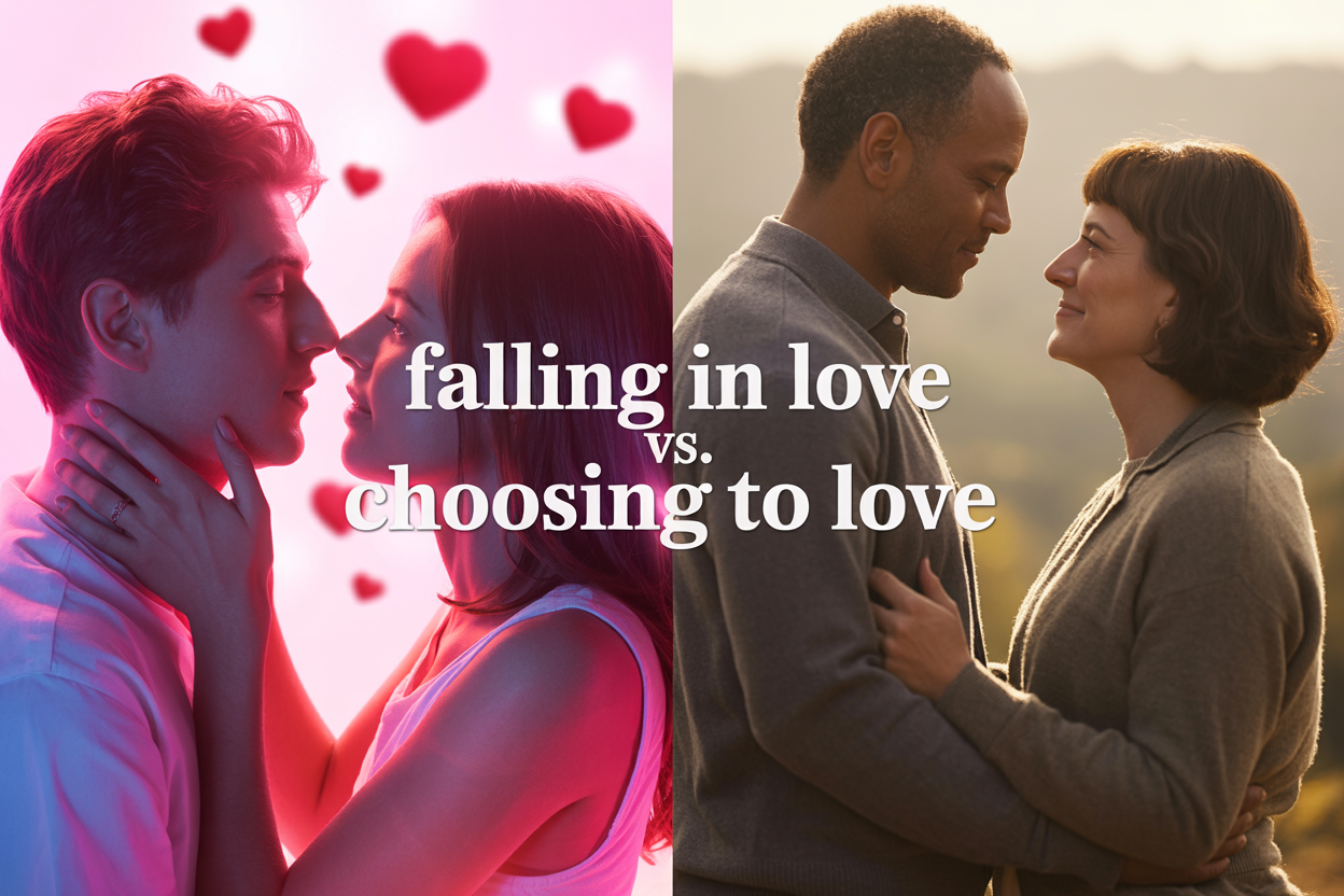 Create a realistic image of a split-screen composition showing two contrasting romantic scenarios: on the left side, a young white couple (male and female) in their twenties experiencing passionate falling in love with hearts floating around them, bright pink and red colors, and dreamy soft lighting; on the right side, a mature interracial couple (black male, white female) in their forties holding hands while looking at each other with deep contentment, surrounded by warm golden lighting and subtle earth tones, with the text "Falling in Love vs. Choosing to Love" elegantly overlaid across the center of the image in clean, modern typography.
