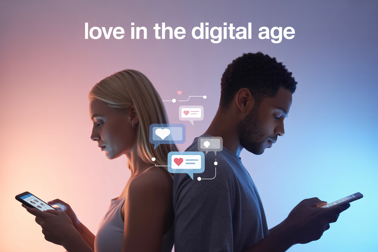 Create a realistic image of a split-screen composition showing a white female and black male on opposite sides, each holding smartphones with dating app interfaces visible on their screens, connected by floating digital heart icons and message bubbles in the center space between them, set against a soft gradient background transitioning from warm pink to cool blue, with gentle ambient lighting creating a modern romantic atmosphere, and the text "Love in the Digital Age" elegantly displayed at the top in contemporary sans-serif font.