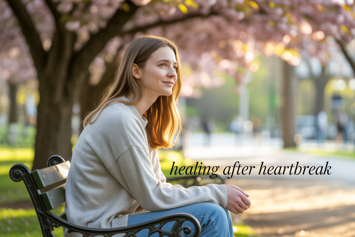 Create a realistic image of a young white woman sitting peacefully on a park bench during golden hour, looking thoughtfully into the distance with a gentle, hopeful expression, surrounded by blooming cherry blossom trees and soft natural lighting that creates a warm, healing atmosphere, with the text "Healing After Heartbreak" elegantly displayed in cursive font in the lower third of the image.