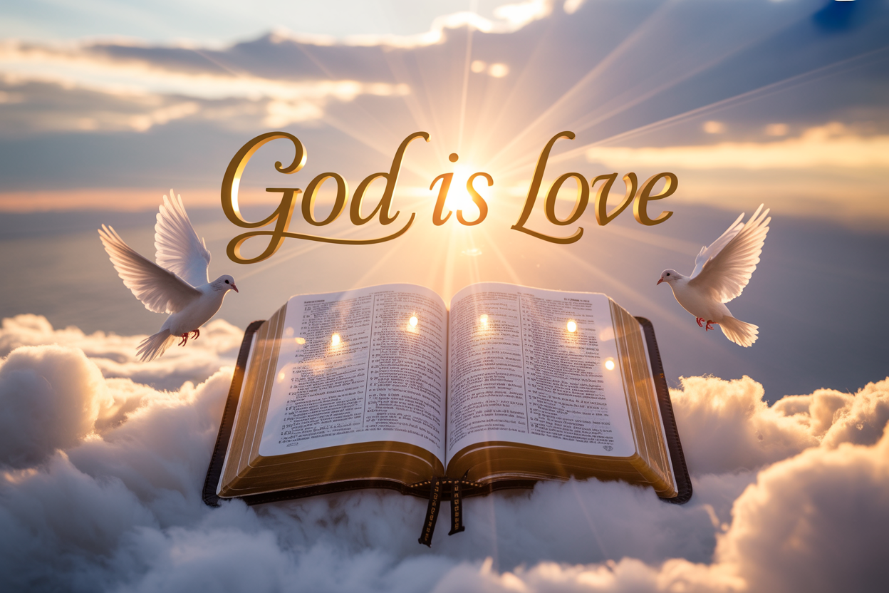 Create a realistic image of an open Bible with golden pages showing 1 John 4:7-8, surrounded by warm golden light rays emanating from the pages, with soft white doves flying gently around the scene, set against a peaceful heavenly background with soft clouds and warm sunset colors, featuring the text "God Is Love" in elegant golden lettering floating above the Bible, conveying a serene and spiritual atmosphere with divine presence and unconditional love.