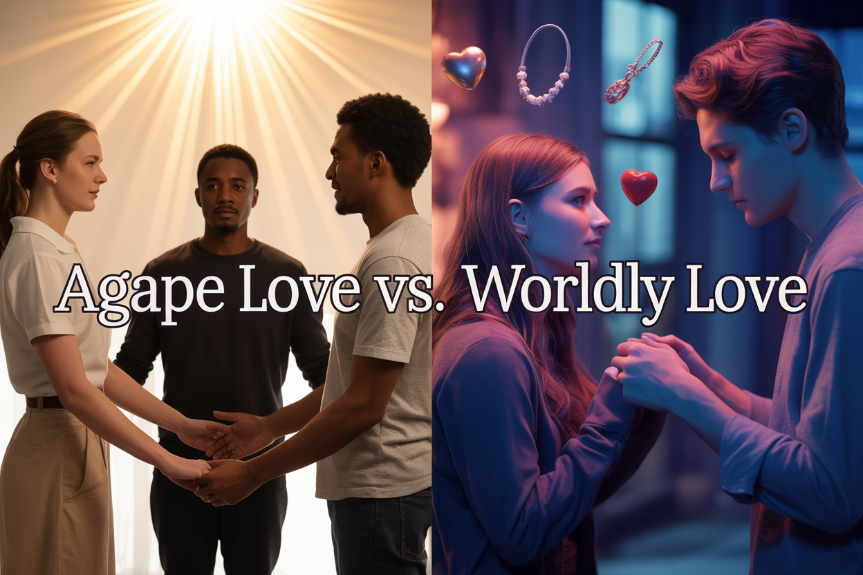 Create a realistic image of a split-screen composition showing two contrasting scenes representing different types of love, with the left side depicting a diverse group of people including a white female, black male, and Asian female holding hands in a circle with warm golden light radiating from above symbolizing unconditional agape love, and the right side showing a young white couple in a dimly lit setting focused intensely on each other with hearts and material objects like jewelry floating around them representing worldly love, with soft natural lighting on the left contrasting with artificial neon lighting on the right, and the text "Agape Love vs. Worldly Love" prominently displayed across the center in elegant serif font.