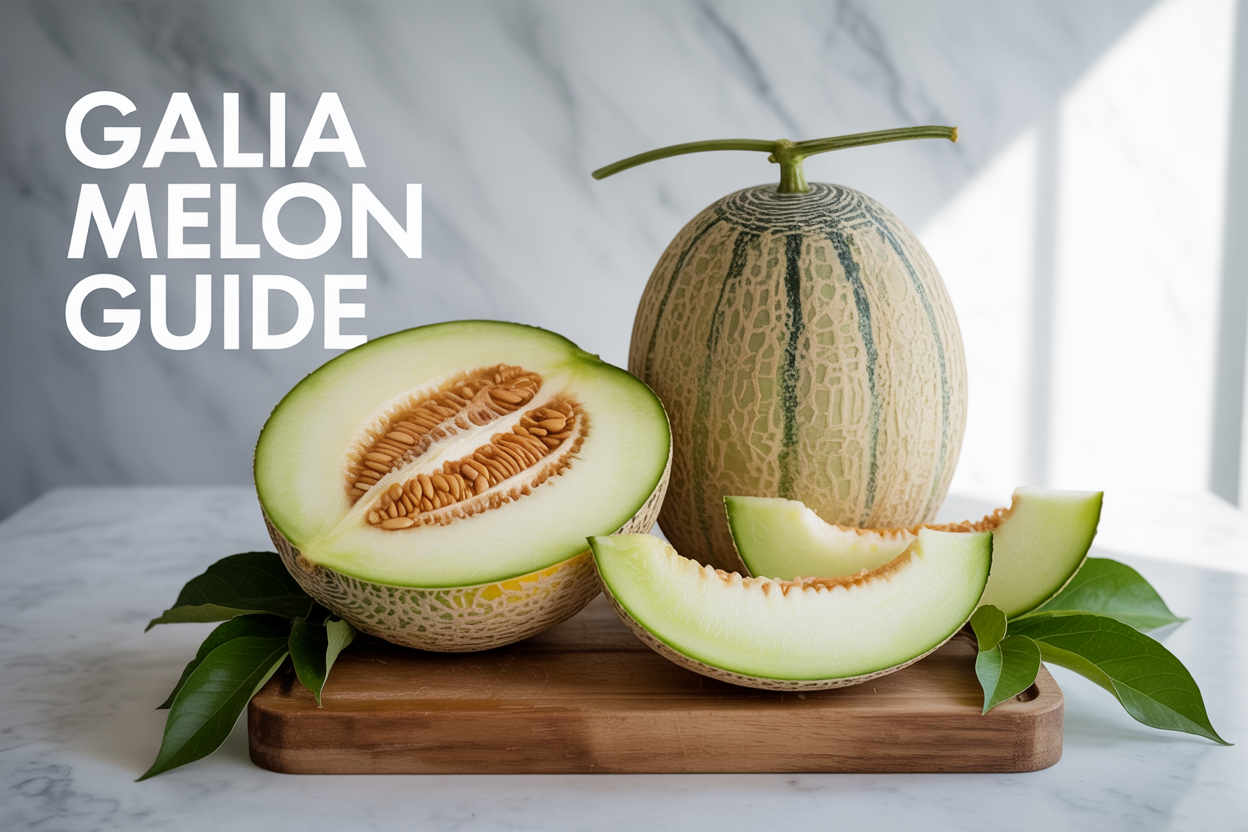 Create a realistic image of a whole Galia melon and a halved Galia melon displaying its pale green flesh and seed cavity, positioned on a rustic wooden cutting board with a few melon slices arranged nearby, surrounded by fresh green leaves as complementary elements, set against a clean white marble countertop background with soft natural lighting from the side creating gentle shadows, conveying a fresh and appetizing mood, with the text "Galia Melon Guide" elegantly overlaid in the top left corner in clean, modern typography.